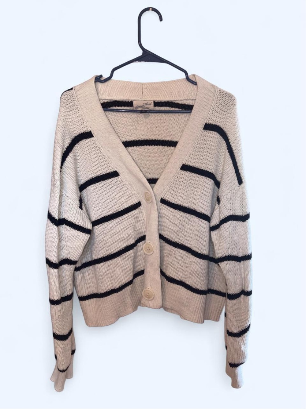 Beige and Black Stripe V-Neck Button Cardigan Sweater